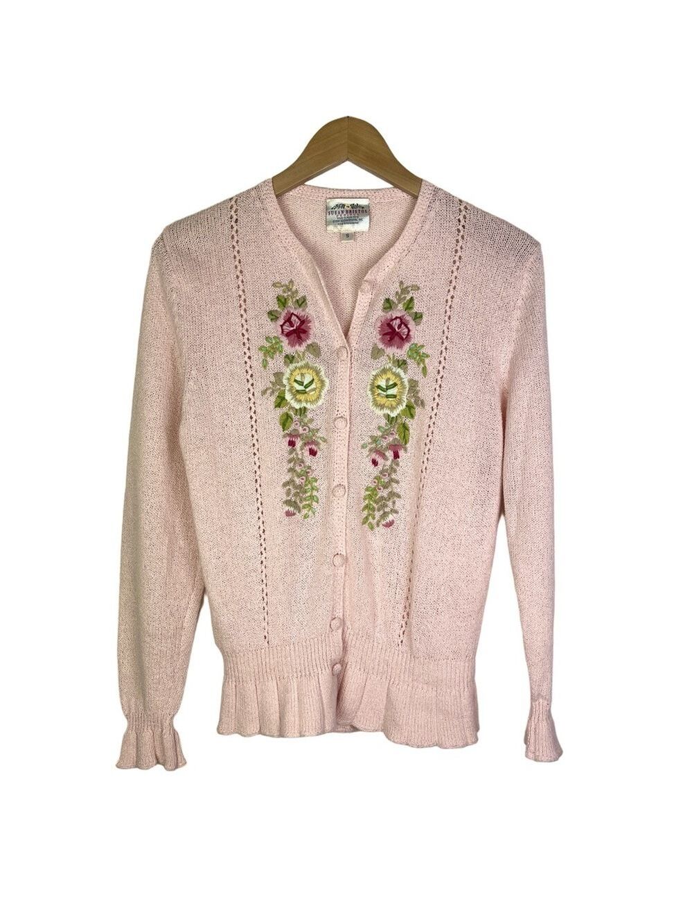 Vintage 90s Cottagecore Hand Embroidered Pink Knit Cardigan Sweater size SP - Picture 2 of 6